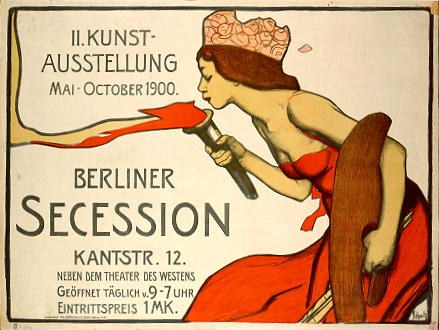 Plakat aus dem Jahr 1900, das eine Berliner Secession ankündigt und eine Frau in rotem Kleid zeigt, die ein Objekt hält, sowie Text mit Veranstaltungdetails.