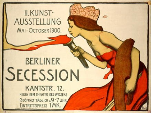 Plakat aus dem Jahr 1900, das eine Berliner Secession ankündigt und eine Frau in rotem Kleid zeigt, die ein Objekt hält, sowie Text mit Veranstaltungdetails.