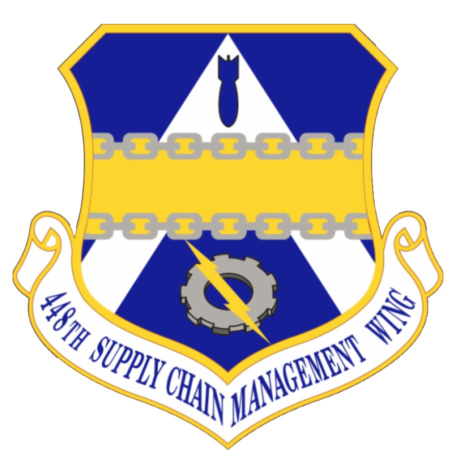 Logo der 48. Versorgungsmanagementstaffel mit einem blauen Schild mit einem weißen Stern und einem weißen Banner mit der Aufschrift "Versorgungsmanagement" in blau, alles von einem weißen Rand und schwarzem Text umgeben.