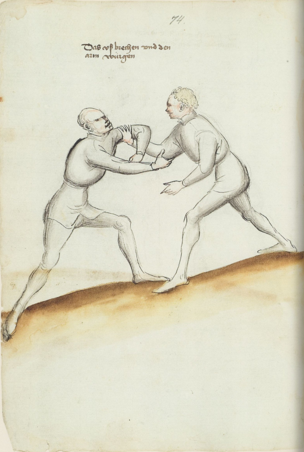 Zwei Männer in tätlicher Auseinandersetzung, einer schlägt nach dem anderen und steht auf einem Zettel mit Text.