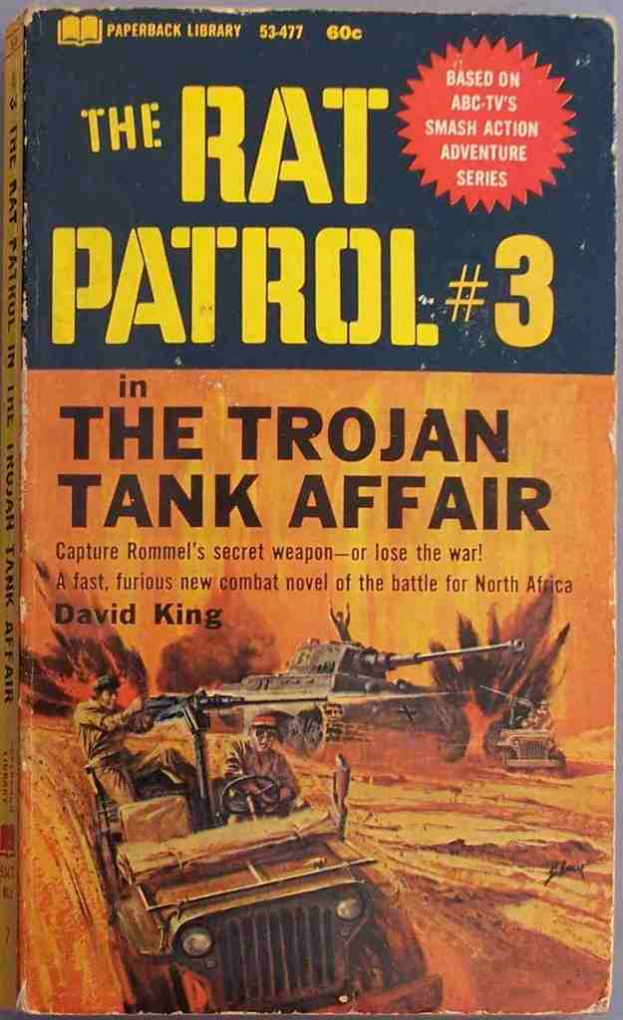 Ein Buchumschlag mit Armee-Panzern und -Jeep in einer Kriegszene mit Text √ľber der Illustration.