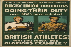 Britische Rugby-Union-Spieler in einem Plakat zur Förderung der Sportlerwerbung, mit Textinformation.