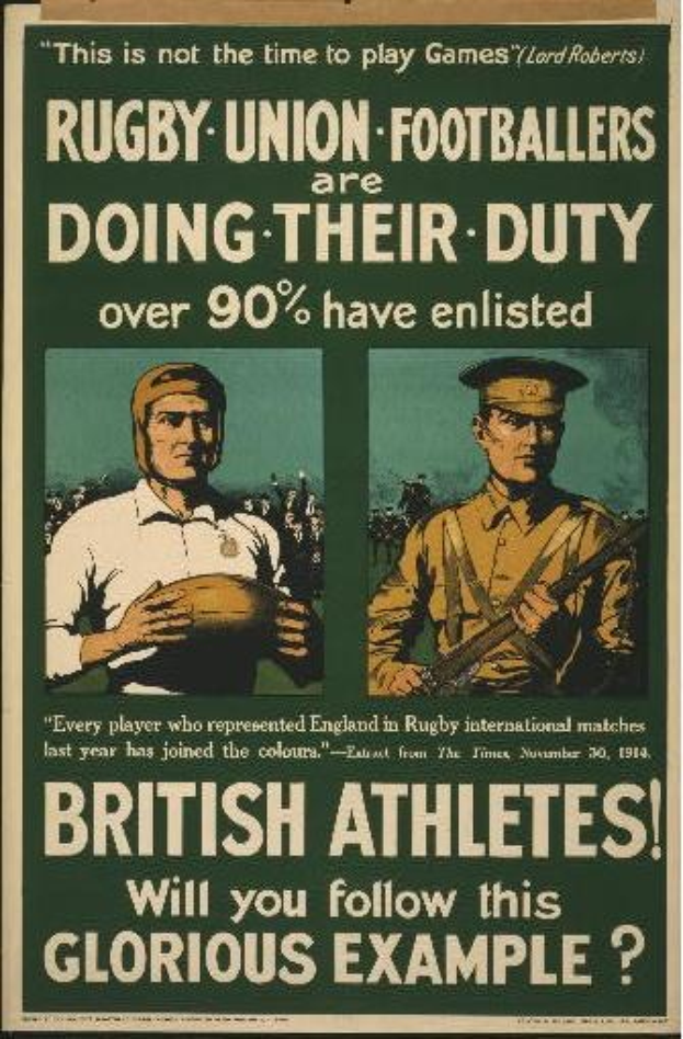 Britische Rugby-Union-Spieler in einem Plakat zur Förderung der Sportlerwerbung, mit Textinformation.