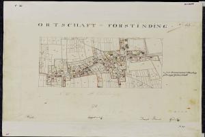 Ein alter Stadtplan von Ortschaft, Deutschland, mit schwarzem Hintergrund, der detaillierte Straßen, Gebäude und Sehenswürdigkeiten zeigt.