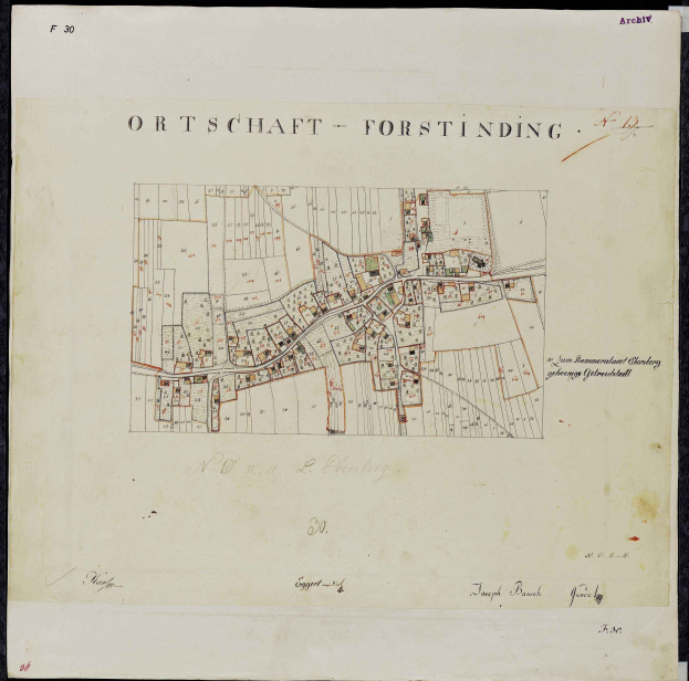 Ein alter Stadtplan von Ortschaft, Deutschland, mit schwarzem Hintergrund, der detaillierte Straßen, Gebäude und Sehenswürdigkeiten zeigt.