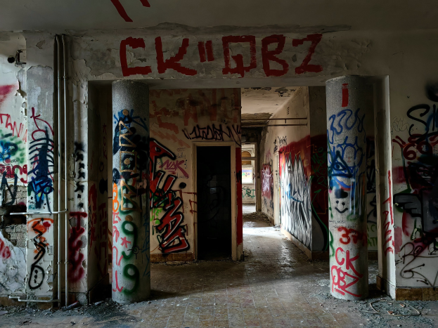 Verlassenes Gebäudeinneres mit Graffiti an den Wänden, sichtbarem Boden, freiliegenden Rohren und einer Tür im Hintergrund.
