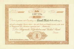 Alte Aktienurkunde mit goldenem Rand, die ein Porträt eines Mannes und Text zeigt