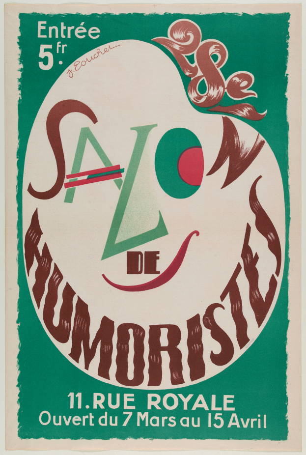 Ein Plakat, das ein Humorsalon in Paris, Frankreich, ankündigt, mit Text, der die Angebote des Salons beschreibt.