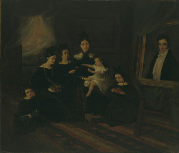Ein Gemälde namens "Die Familie" von Sir Thomas Rowlandson, das eine Familie in einem Raum zeigt, wobei ein Mann vor einem Spiegel auf der rechten Seite steht, eine Frau in der Mitte ein Kind hält und der Rest der Familie um sie herum versammelt ist.