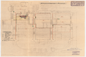 Schwarze und weiße architektonische Zeichnung des Rosenhof-Krankenhauses in Hamburg, Deutschland, die detaillierte Layouts mit zahlreichen Drähten zeigt, die elektrische oder strukturelle Pläne angeben, sowie begleitende Textanmerkungen.
