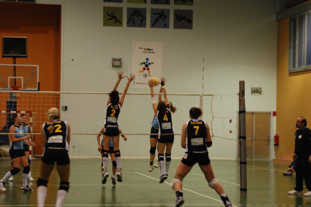 Ein Volleyballfeld mit aktiv spielenden Spielern, im Hintergrund ist ein Basketballnetz, Fenster und eine Tür zu sehen.