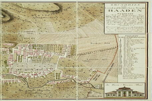 Alte detaillierte Karte von Baden-Württemberg, Deutschland, mit einem Gebäude in der rechten unteren Ecke, die Straßen, Gebäude und andere Merkmale zeigt, begleitet von beschreibendem Text.