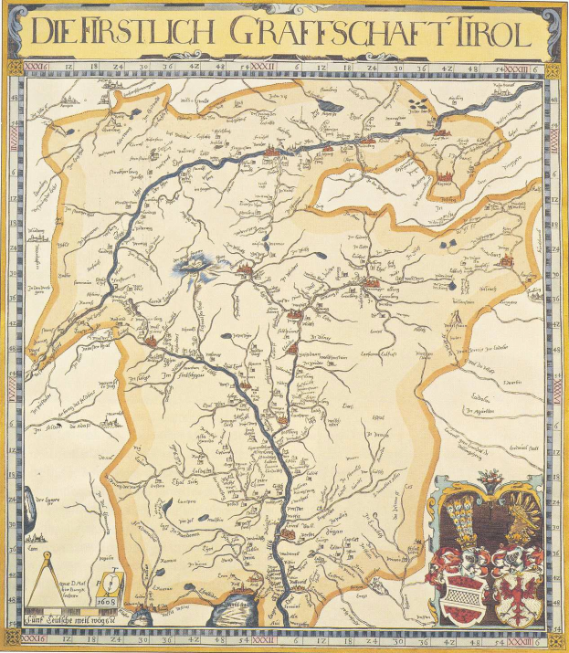 Eine detaillierte Karte des ersten deutschen Grafschafter Tirol, mit geographischen Elementen wie Flüssen, Bergen und Städten, begleitet von informativem Text und Bildern.