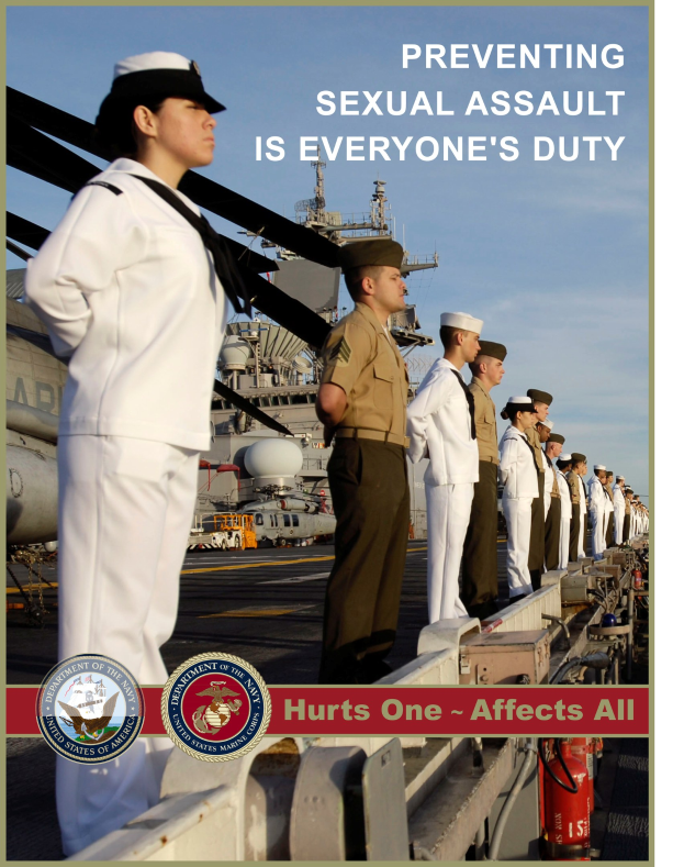Plakat mit Menschen in weißen Uniformen und Mützen auf einem Schiffsdeck mit einem Feuerlöscher vorne, vor einem Himmel-Hintergrund, und Text "Verhindern von sexueller Gewalt ist Pflicht von Allen - Einer tut weh, es betrifft alle".