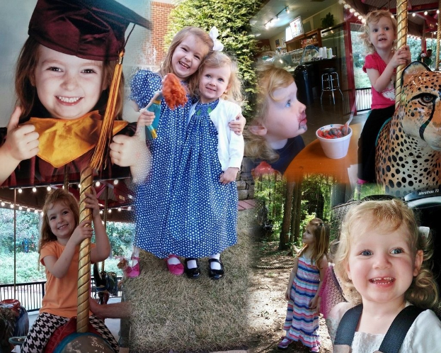 Collage mit lustigen Fahrgeschäften, Kindern, einem Tisch mit Speisen, einem Becher, einem Löffel, Lampen, einer Wand, Büschen, Bäumen, Gras, einem Seil und einer Mütze.