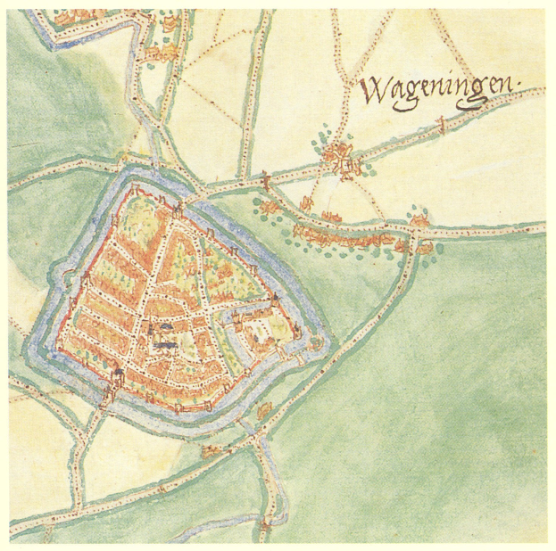 Ausführliche Stadtplan-Karte von Wageningen, Deutschland, mit Straßen, Gebäuden und Sehenswürdigkeiten mit beschrifteten Text.