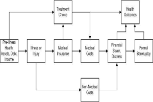 Flussdiagramm, das verschiedene Arten medizinischer Kosten veranschaulicht, die mit Vorerkrankung, Gesundheit und Gesundheitsergebnissen verbunden sind, mit beschrifteten und unterteilten Kästchen und Unterabschnitten.
