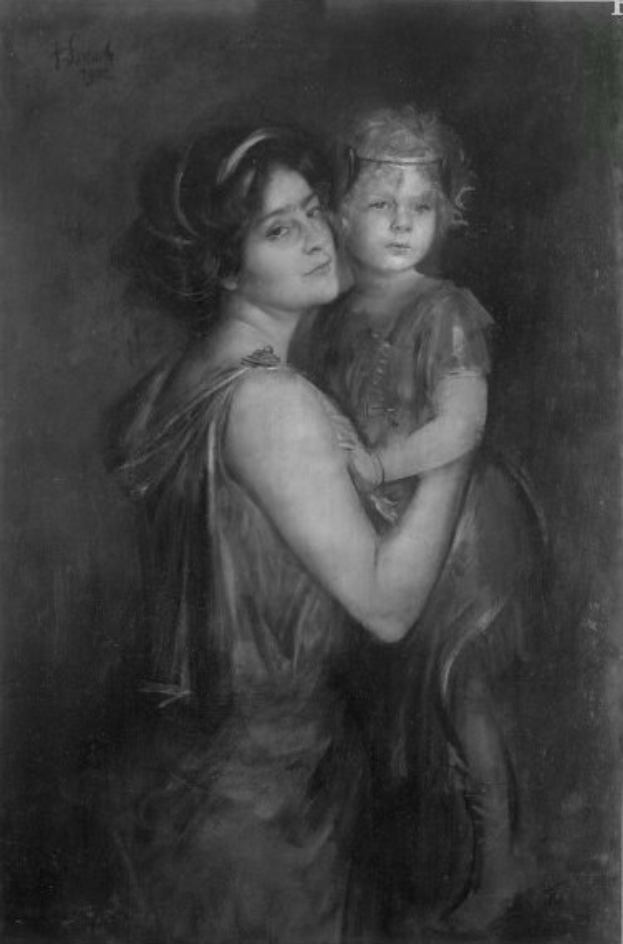 Schwarzes und wei├čes Portr├Ąt einer Frau, die ein Kind h├Ąlt, mit dem Text "Mutter und Kind" unten.