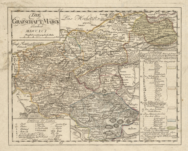 Ein detaillierter, alter Stadtplan von München, Deutschland, mit Straßen, Parks und Sehenswürdigkeiten in feinen Details wie Straßen, Flüsse und Berge, umgeben von einem dekorativen Rahmen und in Blau-, Grün- und Gelbtönen gehalten.