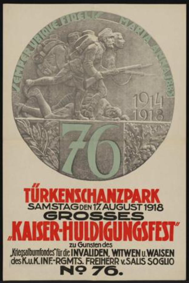 Ein gerahmtes Plakat zum 70. Jubiläum des Kaiser-Huldigungsfestes in Berlin, Deutschland, mit einer Gruppe von Menschen in der Mitte, umgeben von Text und Zahlen.