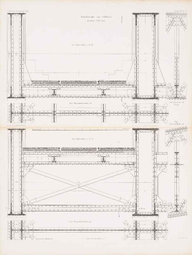 Ein detaillierter Konstruktionsplan für eine Brücke in einem Buch, das Balken, Seile und andere Bauteile zeigt.