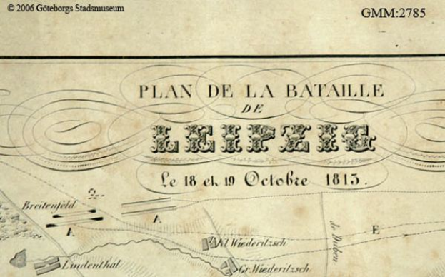 Ein detailliertes altes Schlachtfeld von Leipzig, das verschiedene Kämpfe zeigt und mit Texten über Datum, Uhrzeit und Ort annotiert ist.