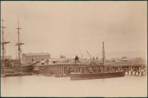 Eine Szene mit Wasser, Booten, Gebäuden, Strommasten und Himmel.