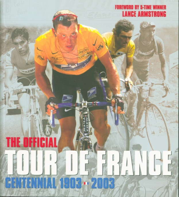 Offizielles Tour de France-Jubiläumsplakat (1903–2003) mit Fahrradfahrern in einer Gruppenfahrt und Text.