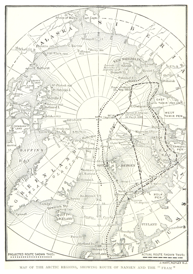 Eine Karte der arktischen Regionen mit der Route des Polarkreises, die mit einer gestrichelten Linie markiert ist, verschiedene Blautöne, Grüntöne und Gelbtöne repräsentieren verschiedene Regionen und Text ist oben und unten vorhanden.
