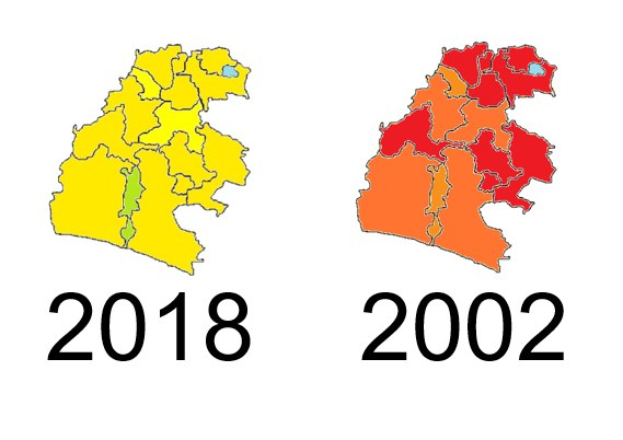 Karte von Deutschland mit Provinzgrenzen von 2002 und 2018 in Gelb, Rot und Orange auf weißem Hintergrund mit Text.