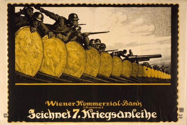 Deutsches Propagandaplakat aus dem Zweiten Weltkrieg, das bewaffnete Soldaten in Helmen mit dem Text 'Wiener Kommmerzial Bank' am unteren Rand zeigt.