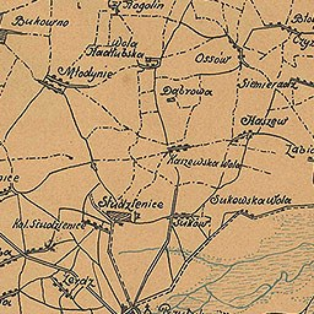 Ein detaillierter alter Stadtplan von Stadtzenice mit Straßen, Gebäuden, Sehenswürdigkeiten und Text mit zusätzlichen Stadtinformationen.