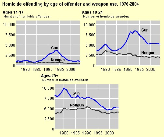 Balkendiagramm, das die Homicid-Offending-Rate nach Alter des Täters und Waffentyp von 1976 bis 2004 zeigt, mit begleitendem erklärendem Text.