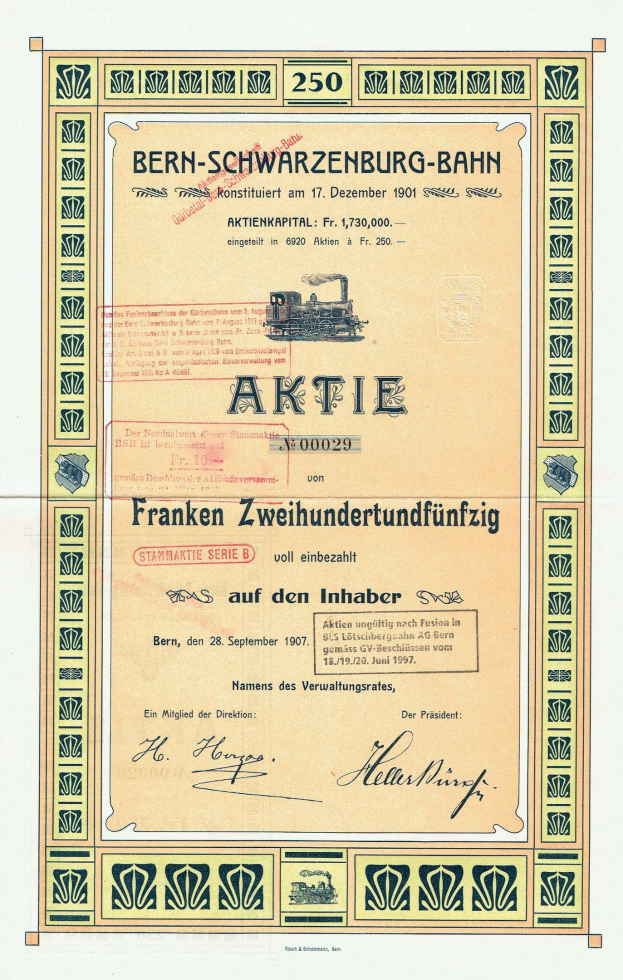 Altes deutsches Regierungspapier der Bern-Schwarzenburg-Bahn mit einer Bahn-Illustration und gedrucktem Text.