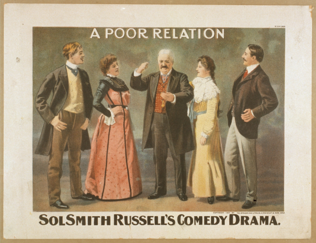 Plakat f"ur "Sol Smith Russells Comedy-Drama: Eine schlechte Beziehung" mit einer vielseitigen Gruppe von Menschen in legerer Kleidung vor einem hellblauen Hintergrund.