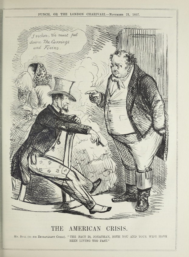 Ein Blatt Papier mit einer Zeichnung von zwei Personen, einer sitzend und einer stehend, und den Worten "The American Crisis" darauf.