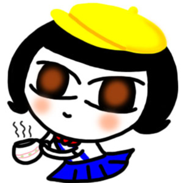 Eine Cartoon-Mädchen in einem blauen Kleid und gelber Mütze hält einen Becher.