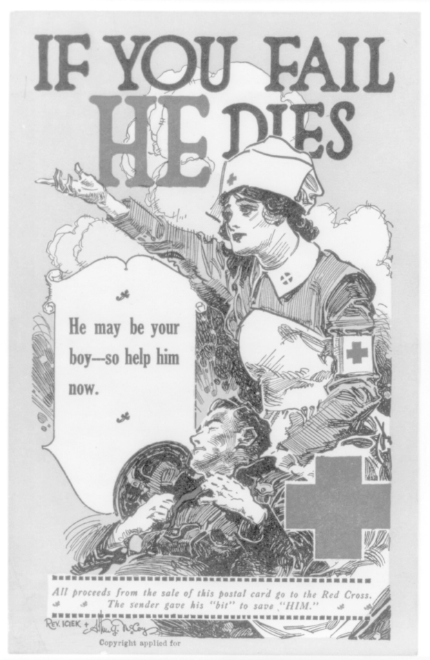 Schwarzes und weißes Plakat mit einer entschlossenen Frau und einem besorgten Mann, Text lautet "Wenn du scheiterst, stirbt er, er könnte dein Junge sein - also hilf ihm jetzt."