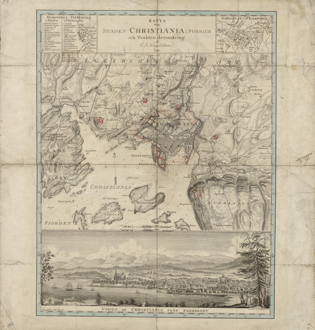 Eine alte, detaillierte Karte von Staden, Norwegen, mit Städten, Dörfern, geografischen Merkmalen und Texten zur Beschreibung der Bevölkerung, Straßen und Sehenswürdigkeiten.