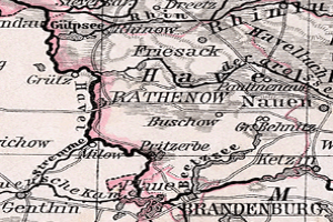 Ein altes Stadtplan von Brandenburg, Deutschland, mit detaillierten Straßen, Gebäuden, Sehenswürdigkeiten und umliegenden Gebieten in verschiedenen Blautönen und Grüntönen dargestellt, mit klassischer Schriftart.