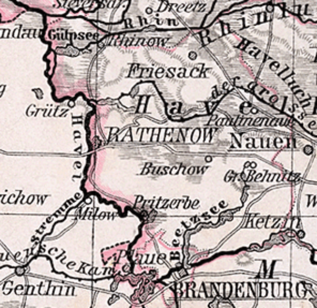 Ein altes Stadtplan von Brandenburg, Deutschland, mit detaillierten Straßen, Gebäuden, Sehenswürdigkeiten und umliegenden Gebieten in verschiedenen Blautönen und Grüntönen dargestellt, mit klassischer Schriftart.