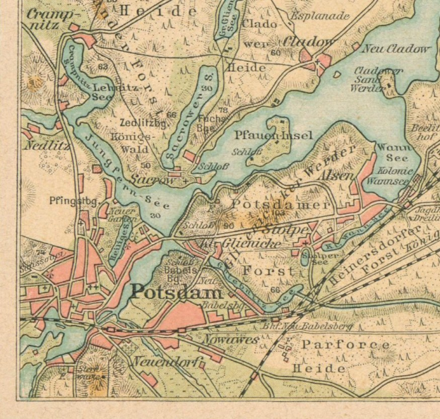 Detailiertes altes Stadtplan von Potsdam, Deutschland, mit Textanmerkungen, die das Stadtlayout zeigen.
