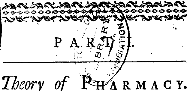 Ein Schwarz-Weiß-Zeichnung einer Briefmarke mit der Aufschrift "Pharmazie-Theorie" und einem dekorativen Rahmen.