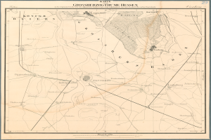 Ein altes Stadtplan von Hessen, Deutschland, mit einem schwarzen Rand, in einem Photo Rahmen angezeigt.