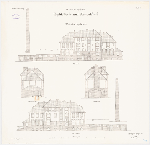 Eine Zeichnung eines mehrstöckigen Gebäudes mit zahlreichen Fenstern und einem Schornstein, das als psychiatrische Klinik in Deutschland identifiziert wurde, mit handgeschriebener Schrift auf dem Papier.