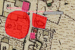 Eine Karte einer Stadt mit einem roten Hakenkreuz in der Mitte, begleitet von umgebendem Text und Zahlen.