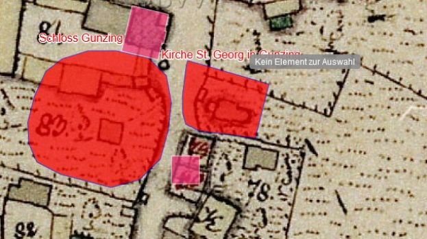 Eine Karte einer Stadt mit einem roten Hakenkreuz in der Mitte, begleitet von umgebendem Text und Zahlen.