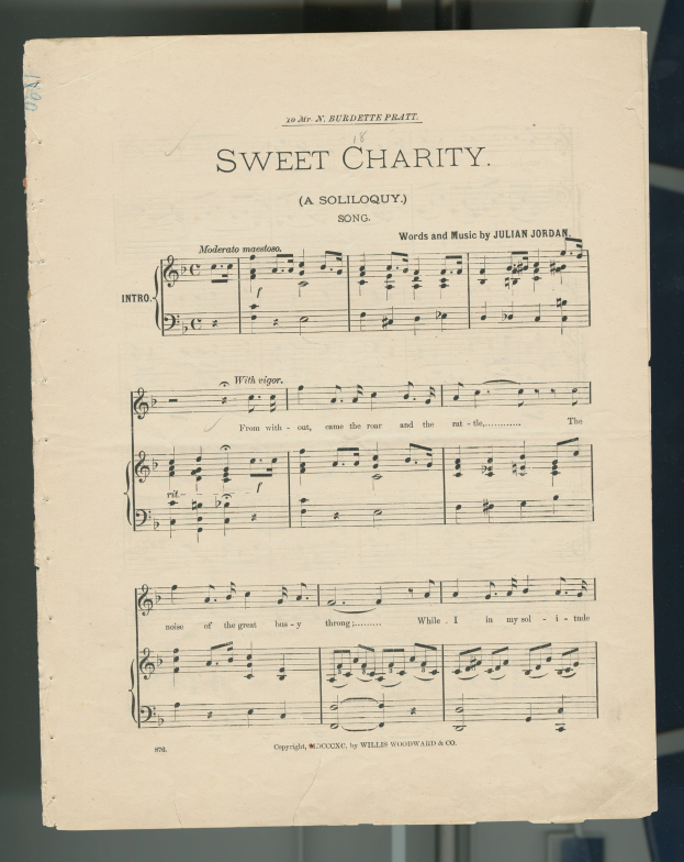 Notenblatt für "Sweet Charity" mit musikalischen Noten und Symbolen auf altem Papier, auf einer Glasfläche präsentiert.
