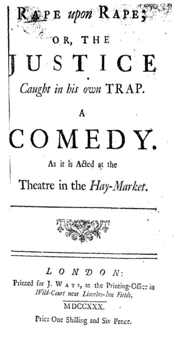 Schwarzer und weißer Poster mit der Aufschrift "Vergewaltigung auf Vergewaltigung oder die Gerechtigkeit, die in ihrer eigenen Falle gefangen ist" in fetter schwarzer Schrift, wahrscheinlich Ankündigung einer Comedy-Show.