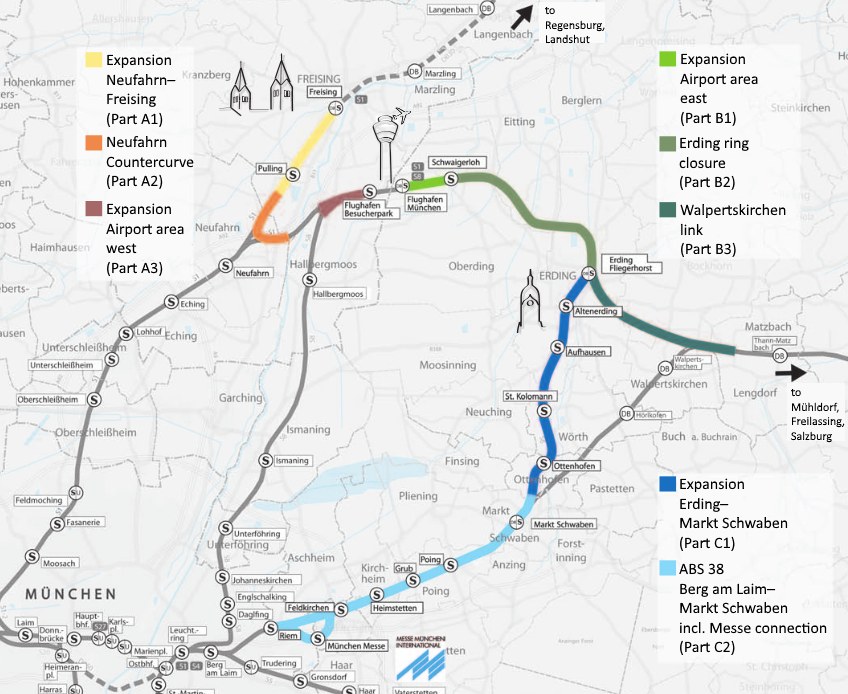 Eine detaillierte Karte einer Stadt mit einer hervorgehobenen Bahnroute von München nach Frankfurt, einschließlich Haltestellen, Umgebung und zusätzlicher Bahninformationen.